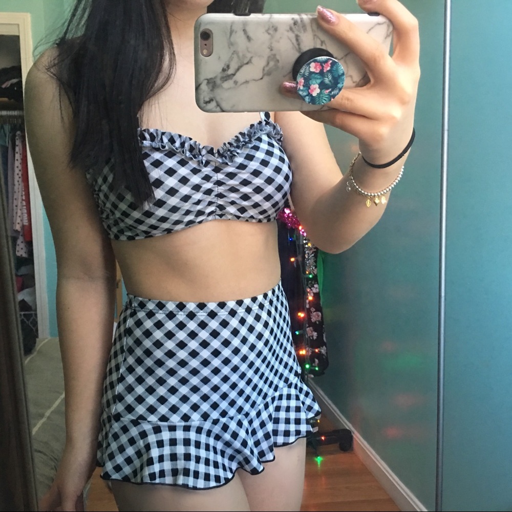 Gingham Ruffle High-Waisted Skirt Bikini Set